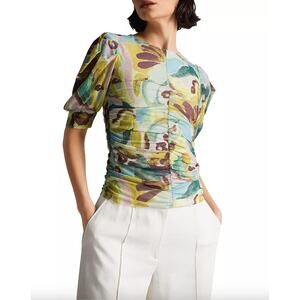 Ted Baker VYoll Printed Mesh Top Size 4/L Multicolor Semi Sheer Easter Casual